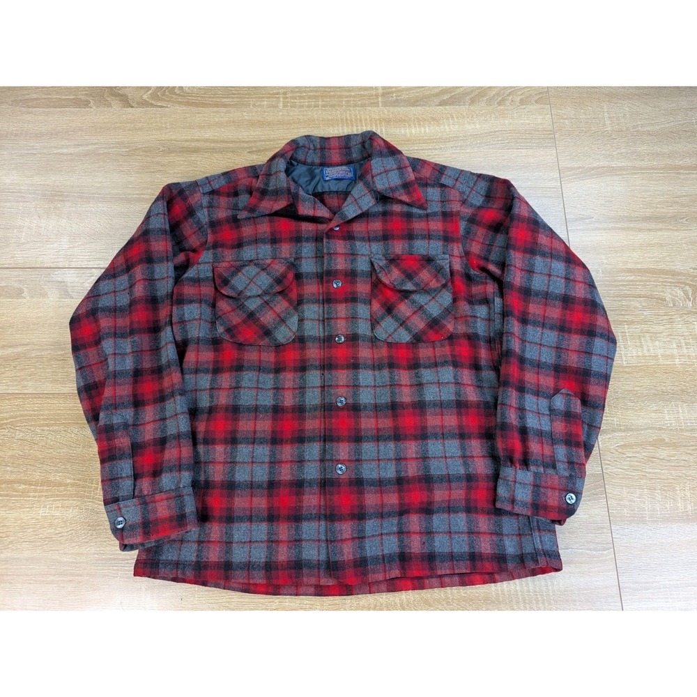 Vtg Pendleton Board Shirt Sz M Brown Red Plaid Loop Button Flap Pockets USA Made